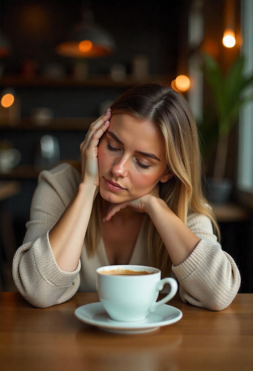 A woman with medium skin tone and straight blonde hair, approximately 40 years old, resting her head on her arms at a café table and sleeps. A cup of coffee is placed in front of her on the table. The background is her home.