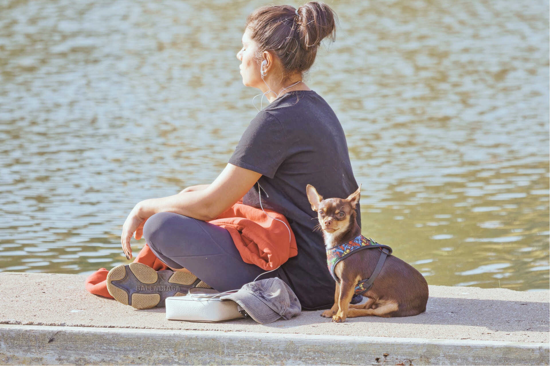 Frau meditiert in Kopfhörer, Hund sitzt neben ihr, , Meditieren, See